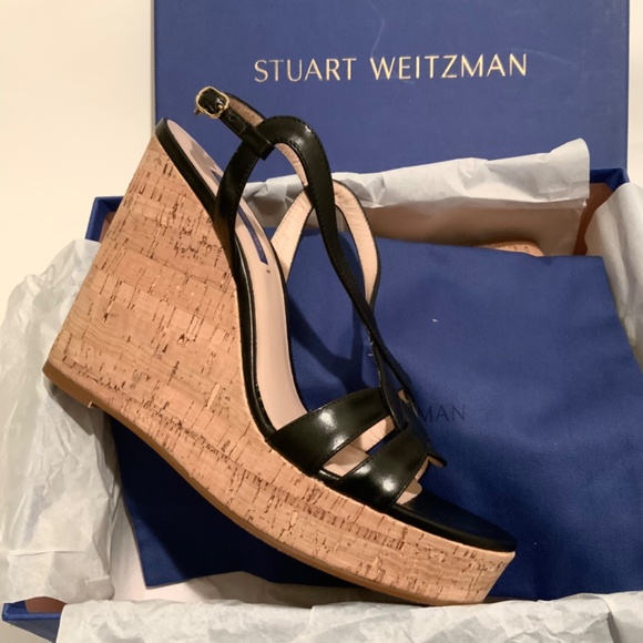Stuart Weitzman Cressa Black Leather Cork Wedge Platform Sandal Summer Heels 9.5 - Picture 3 of 6